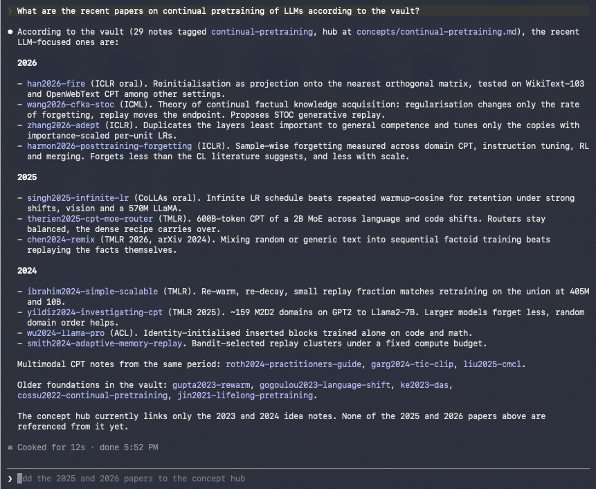 A Claude Code session answering a question about the vault.