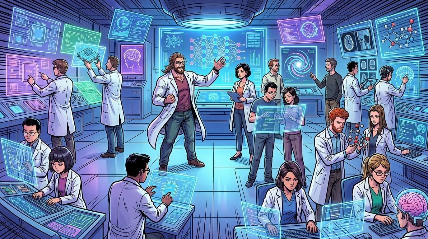 Futuristic AI research laboratory team collaborating